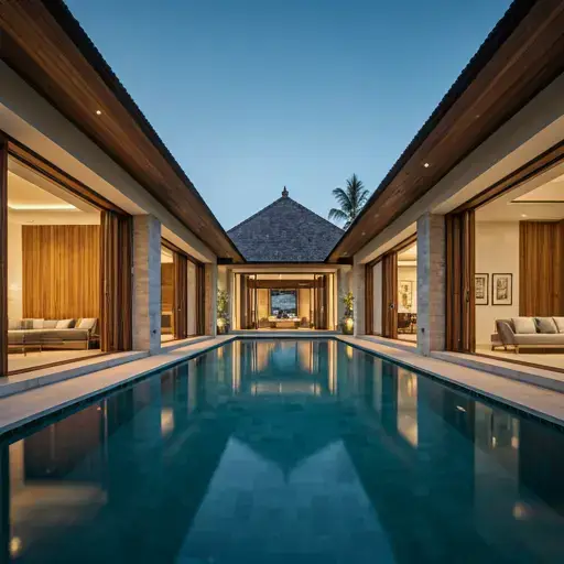 A wide-angle, high-end architectural photograph of a luxury Bali villa infinity pool at dusk. The water is perfectly still reflecting a soft purple and orange sky. Symmetrical modern white stone architecture frames the pool, creating a sense of elite tropical sophistication and professional asset management excellence.